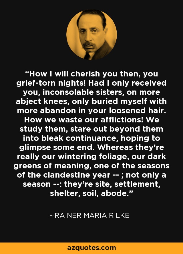 How I will cherish you then, you grief-torn nights! Had I only received you, inconsolable sisters, on more abject knees, only buried myself with more abandon in your loosened hair. How we waste our afflictions! We study them, stare out beyond them into bleak continuance, hoping to glimpse some end. Whereas they're really our wintering foliage, our dark greens of meaning, one of the seasons of the clandestine year -- ; not only a season --: they're site, settlement, shelter, soil, abode. - Rainer Maria Rilke