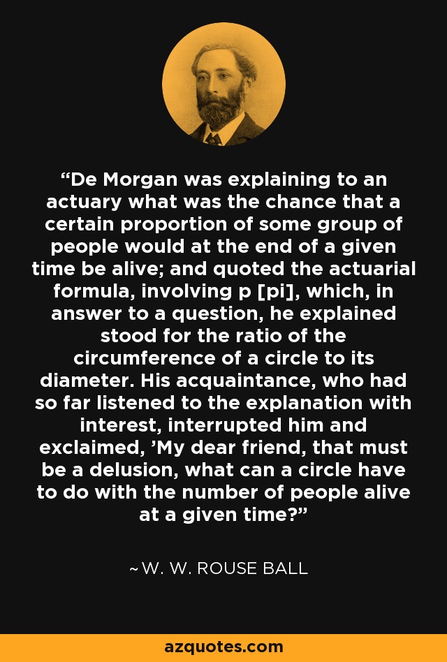 De Morgan was explaining to an actuary what was the chance that a certain proportion of some group of people would at the end of a given time be alive; and quoted the actuarial formula, involving p [pi], which, in answer to a question, he explained stood for the ratio of the circumference of a circle to its diameter. His acquaintance, who had so far listened to the explanation with interest, interrupted him and exclaimed, 'My dear friend, that must be a delusion, what can a circle have to do with the number of people alive at a given time?' - W. W. Rouse Ball