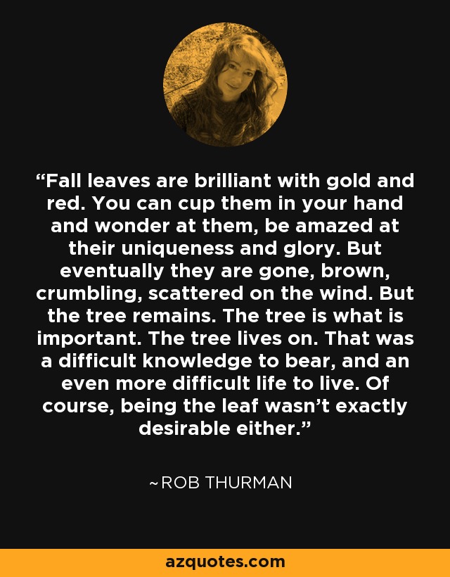 Fall leaves are brilliant with gold and red. You can cup them in your hand and wonder at them, be amazed at their uniqueness and glory. But eventually they are gone, brown, crumbling, scattered on the wind. But the tree remains. The tree is what is important. The tree lives on. That was a difficult knowledge to bear, and an even more difficult life to live. Of course, being the leaf wasn't exactly desirable either. - Rob Thurman