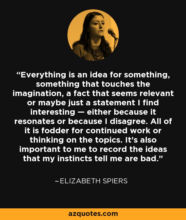 Everything is an idea for something, something that touches the imagination, a fact that seems relevant or maybe just a statement I find interesting — either because it resonates or because I disagree. All of it is fodder for continued work or thinking on the topics. It’s also important to me to record the ideas that my instincts tell me are bad. - Elizabeth Spiers