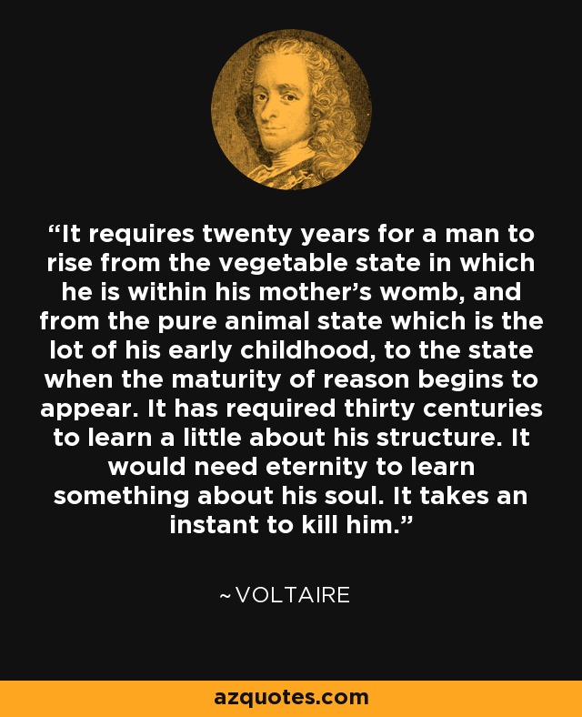 It requires twenty years for a man to rise from the vegetable state in which he is within his mother's womb, and from the pure animal state which is the lot of his early childhood, to the state when the maturity of reason begins to appear. It has required thirty centuries to learn a little about his structure. It would need eternity to learn something about his soul. It takes an instant to kill him. - Voltaire