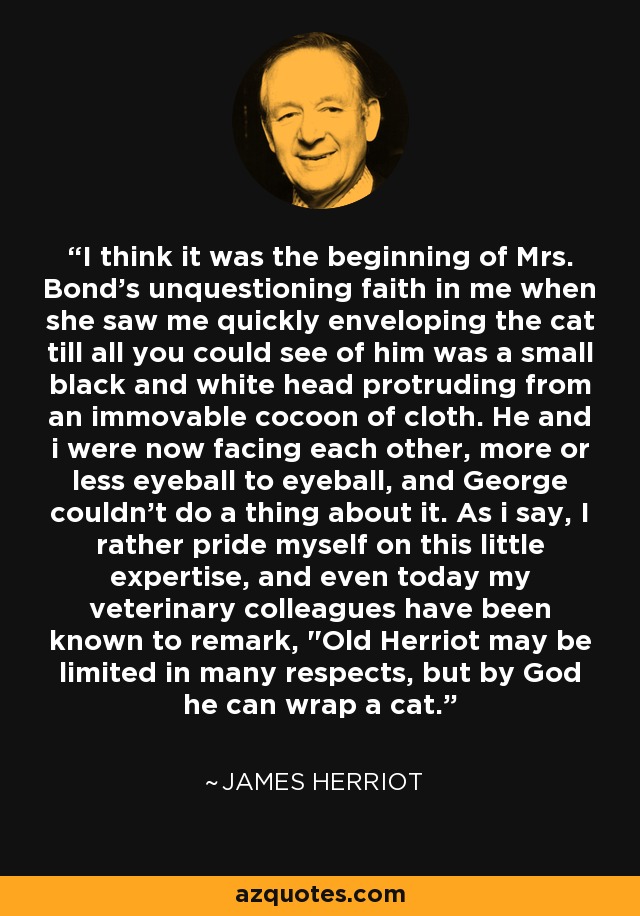 I think it was the beginning of Mrs. Bond's unquestioning faith in me when she saw me quickly enveloping the cat till all you could see of him was a small black and white head protruding from an immovable cocoon of cloth. He and i were now facing each other, more or less eyeball to eyeball, and George couldn't do a thing about it. As i say, I rather pride myself on this little expertise, and even today my veterinary colleagues have been known to remark, 