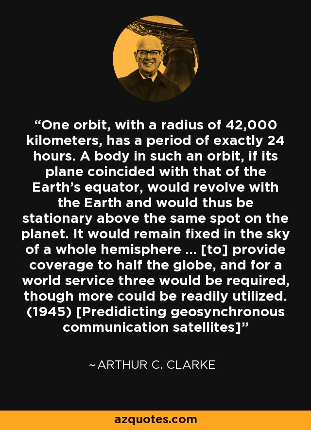 One orbit, with a radius of 42,000 kilometers, has a period of exactly 24 hours. A body in such an orbit, if its plane coincided with that of the Earth's equator, would revolve with the Earth and would thus be stationary above the same spot on the planet. It would remain fixed in the sky of a whole hemisphere ... [to] provide coverage to half the globe, and for a world service three would be required, though more could be readily utilized. (1945) [Predidicting geosynchronous communication satellites] - Arthur C. Clarke