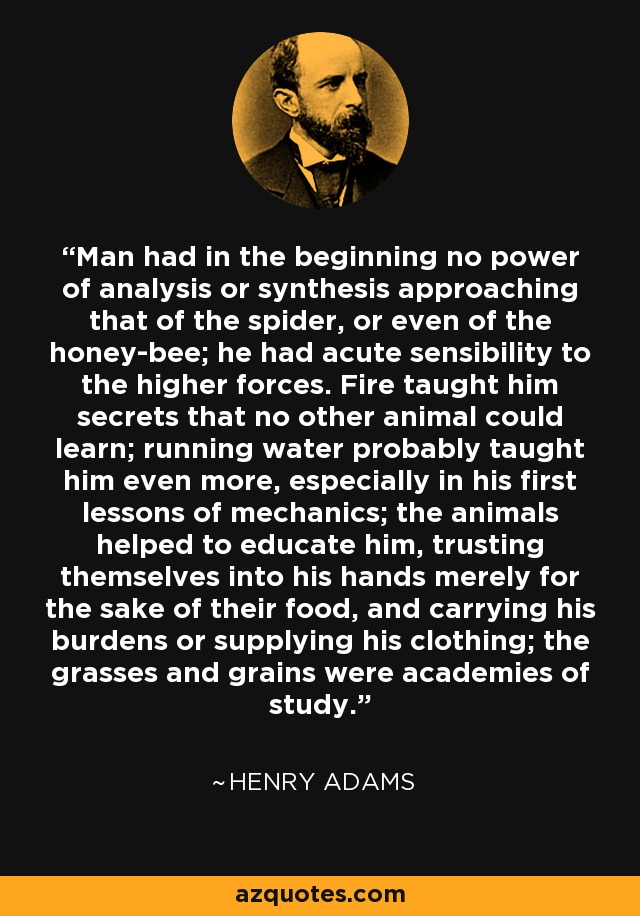 Man had in the beginning no power of analysis or synthesis approaching that of the spider, or even of the honey-bee; he had acute sensibility to the higher forces. Fire taught him secrets that no other animal could learn; running water probably taught him even more, especially in his first lessons of mechanics; the animals helped to educate him, trusting themselves into his hands merely for the sake of their food, and carrying his burdens or supplying his clothing; the grasses and grains were academies of study. - Henry Adams