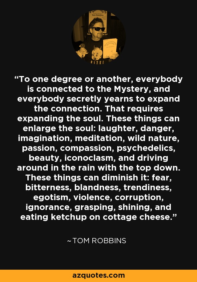 To one degree or another, everybody is connected to the Mystery, and everybody secretly yearns to expand the connection. That requires expanding the soul. These things can enlarge the soul: laughter, danger, imagination, meditation, wild nature, passion, compassion, psychedelics, beauty, iconoclasm, and driving around in the rain with the top down. These things can diminish it: fear, bitterness, blandness, trendiness, egotism, violence, corruption, ignorance, grasping, shining, and eating ketchup on cottage cheese. - Tom Robbins