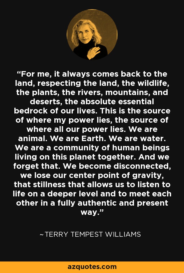 For me, it always comes back to the land, respecting the land, the wildlife, the plants, the rivers, mountains, and deserts, the absolute essential bedrock of our lives. This is the source of where my power lies, the source of where all our power lies. We are animal. We are Earth. We are water. We are a community of human beings living on this planet together. And we forget that. We become disconnected, we lose our center point of gravity, that stillness that allows us to listen to life on a deeper level and to meet each other in a fully authentic and present way. - Terry Tempest Williams