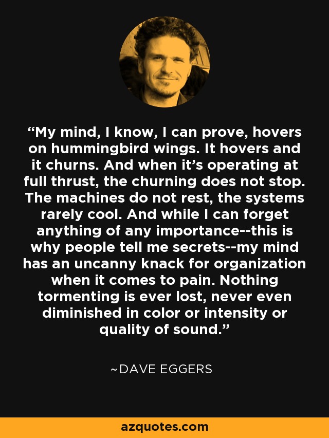 My mind, I know, I can prove, hovers on hummingbird wings. It hovers and it churns. And when it's operating at full thrust, the churning does not stop. The machines do not rest, the systems rarely cool. And while I can forget anything of any importance--this is why people tell me secrets--my mind has an uncanny knack for organization when it comes to pain. Nothing tormenting is ever lost, never even diminished in color or intensity or quality of sound. - Dave Eggers