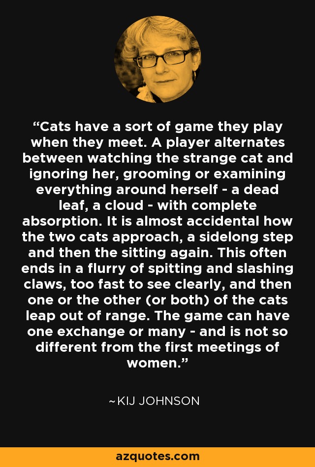 Cats have a sort of game they play when they meet. A player alternates between watching the strange cat and ignoring her, grooming or examining everything around herself - a dead leaf, a cloud - with complete absorption. It is almost accidental how the two cats approach, a sidelong step and then the sitting again. This often ends in a flurry of spitting and slashing claws, too fast to see clearly, and then one or the other (or both) of the cats leap out of range. The game can have one exchange or many - and is not so different from the first meetings of women. - Kij Johnson