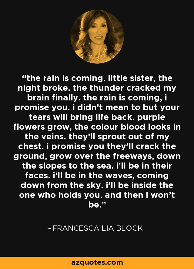 the rain is coming. little sister, the night broke. the thunder cracked my brain finally. the rain is coming, i promise you. i didn’t mean to but your tears will bring life back. purple flowers grow, the colour blood looks in the veins. they’ll sprout out of my chest. i promise you they’ll crack the ground, grow over the freeways, down the slopes to the sea. i’ll be in their faces. i’ll be in the waves, coming down from the sky. i’ll be inside the one who holds you. and then i won’t be. - Francesca Lia Block