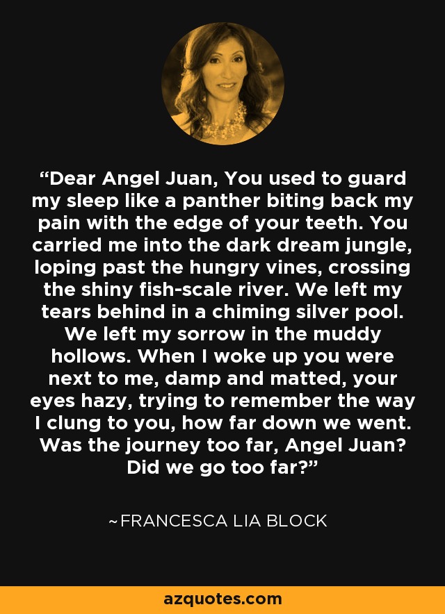 Dear Angel Juan, You used to guard my sleep like a panther biting back my pain with the edge of your teeth. You carried me into the dark dream jungle, loping past the hungry vines, crossing the shiny fish-scale river. We left my tears behind in a chiming silver pool. We left my sorrow in the muddy hollows. When I woke up you were next to me, damp and matted, your eyes hazy, trying to remember the way I clung to you, how far down we went. Was the journey too far, Angel Juan? Did we go too far? - Francesca Lia Block