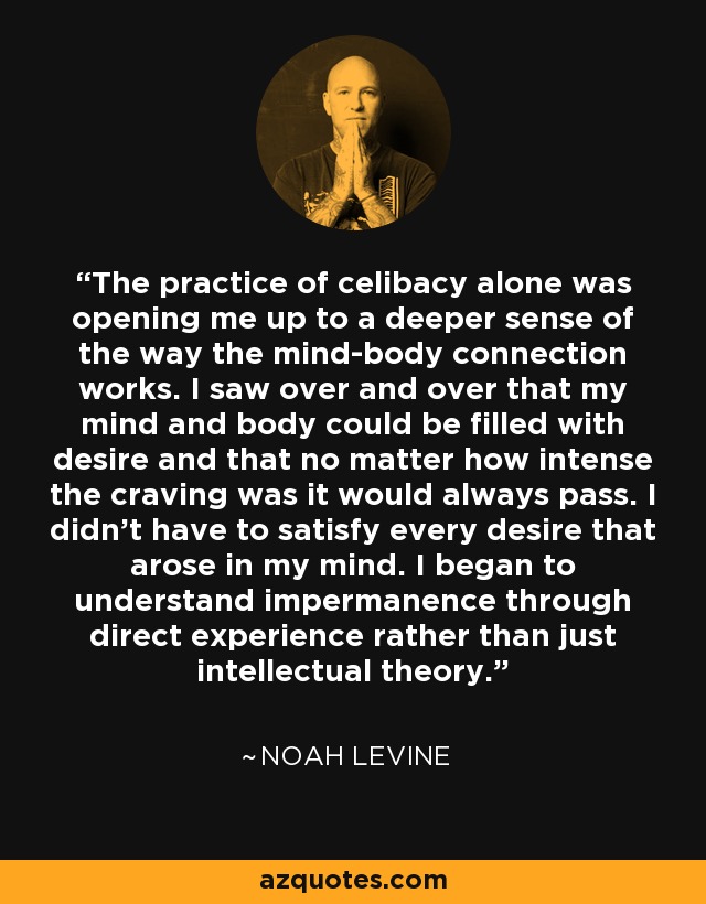 The practice of celibacy alone was opening me up to a deeper sense of the way the mind-body connection works. I saw over and over that my mind and body could be filled with desire and that no matter how intense the craving was it would always pass. I didn't have to satisfy every desire that arose in my mind. I began to understand impermanence through direct experience rather than just intellectual theory. - Noah Levine
