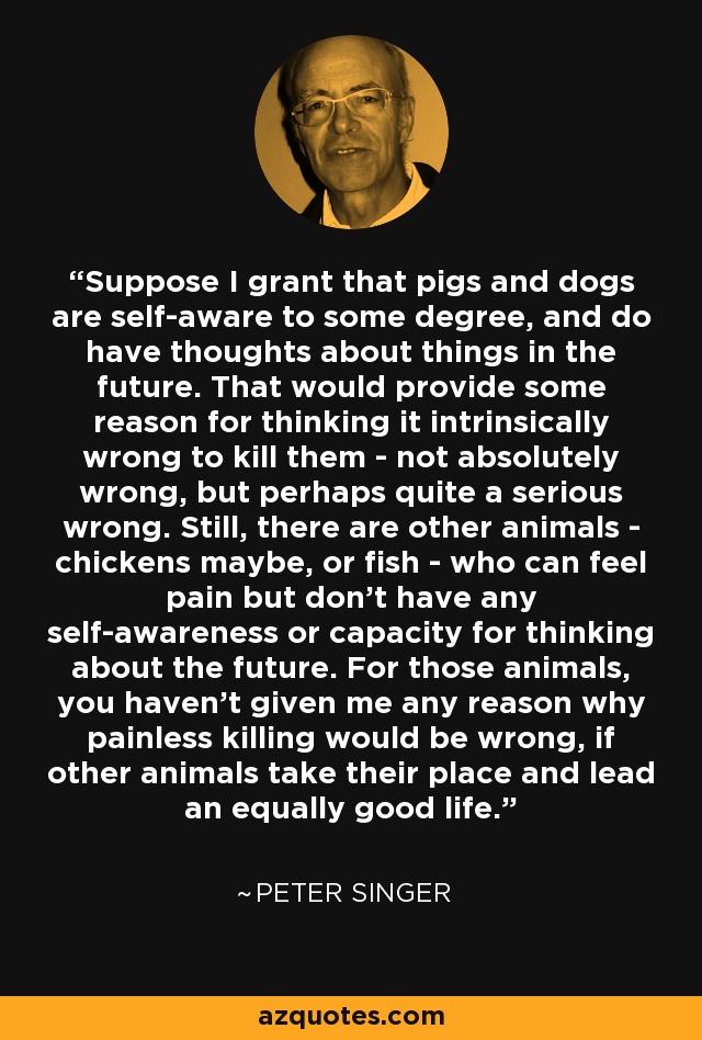 Suppose I grant that pigs and dogs are self-aware to some degree, and do have thoughts about things in the future. That would provide some reason for thinking it intrinsically wrong to kill them - not absolutely wrong, but perhaps quite a serious wrong. Still, there are other animals - chickens maybe, or fish - who can feel pain but don't have any self-awareness or capacity for thinking about the future. For those animals, you haven't given me any reason why painless killing would be wrong, if other animals take their place and lead an equally good life. - Peter Singer