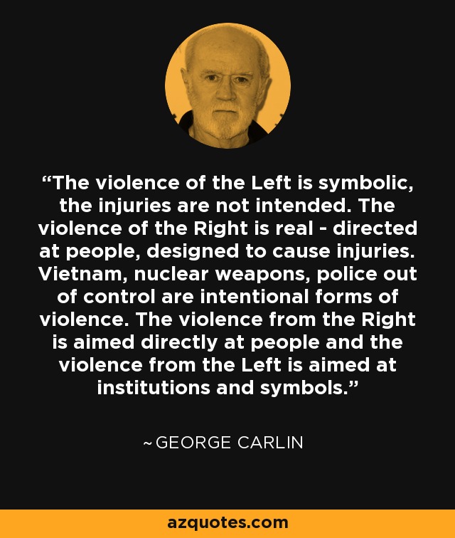 The violence of the Left is symbolic, the injuries are not intended. The violence of the Right is real - directed at people, designed to cause injuries. Vietnam, nuclear weapons, police out of control are intentional forms of violence. The violence from the Right is aimed directly at people and the violence from the Left is aimed at institutions and symbols. - George Carlin