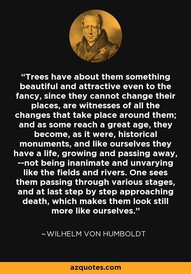 Trees have about them something beautiful and attractive even to the fancy, since they cannot change their places, are witnesses of all the changes that take place around them; and as some reach a great age, they become, as it were, historical monuments, and like ourselves they have a life, growing and passing away, --not being inanimate and unvarying like the fields and rivers. One sees them passing through various stages, and at last step by step approaching death, which makes them look still more like ourselves. - Wilhelm von Humboldt