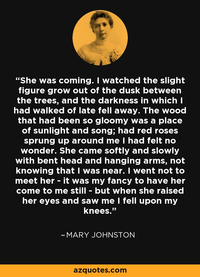 She was coming. I watched the slight figure grow out of the dusk between the trees, and the darkness in which I had walked of late fell away. The wood that had been so gloomy was a place of sunlight and song; had red roses sprung up around me I had felt no wonder. She came softly and slowly with bent head and hanging arms, not knowing that I was near. I went not to meet her - it was my fancy to have her come to me still - but when she raised her eyes and saw me I fell upon my knees. - Mary Johnston