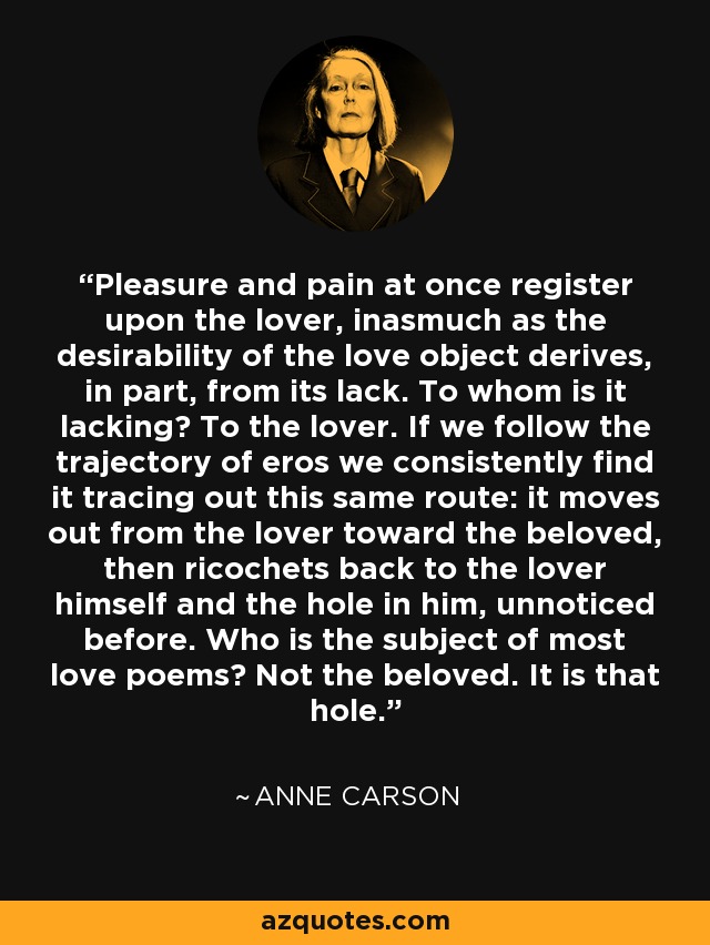 Pleasure and pain at once register upon the lover, inasmuch as the desirability of the love object derives, in part, from its lack. To whom is it lacking? To the lover. If we follow the trajectory of eros we consistently find it tracing out this same route: it moves out from the lover toward the beloved, then ricochets back to the lover himself and the hole in him, unnoticed before. Who is the subject of most love poems? Not the beloved. It is that hole. - Anne Carson