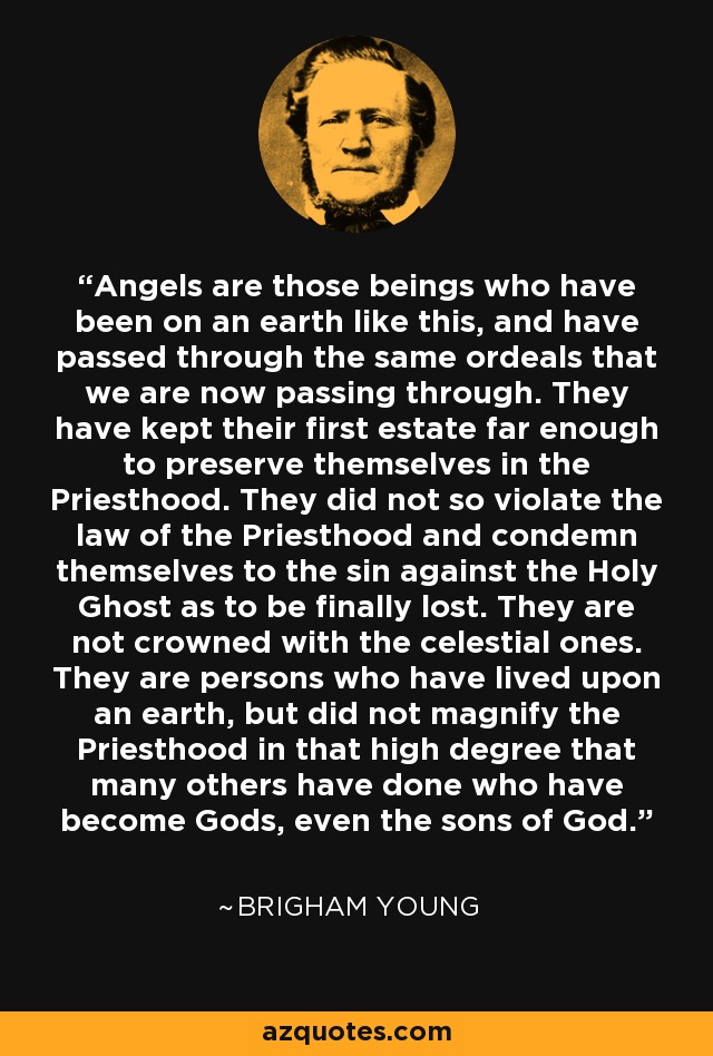 Angels are those beings who have been on an earth like this, and have passed through the same ordeals that we are now passing through. They have kept their first estate far enough to preserve themselves in the Priesthood. They did not so violate the law of the Priesthood and condemn themselves to the sin against the Holy Ghost as to be finally lost. They are not crowned with the celestial ones. They are persons who have lived upon an earth, but did not magnify the Priesthood in that high degree that many others have done who have become Gods, even the sons of God. - Brigham Young