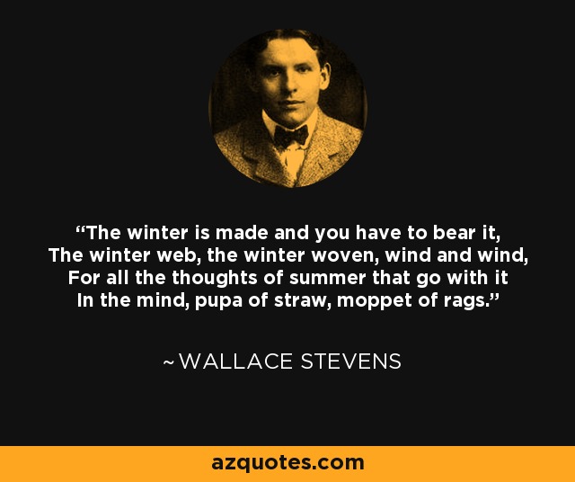 The winter is made and you have to bear it, The winter web, the winter woven, wind and wind, For all the thoughts of summer that go with it In the mind, pupa of straw, moppet of rags. - Wallace Stevens