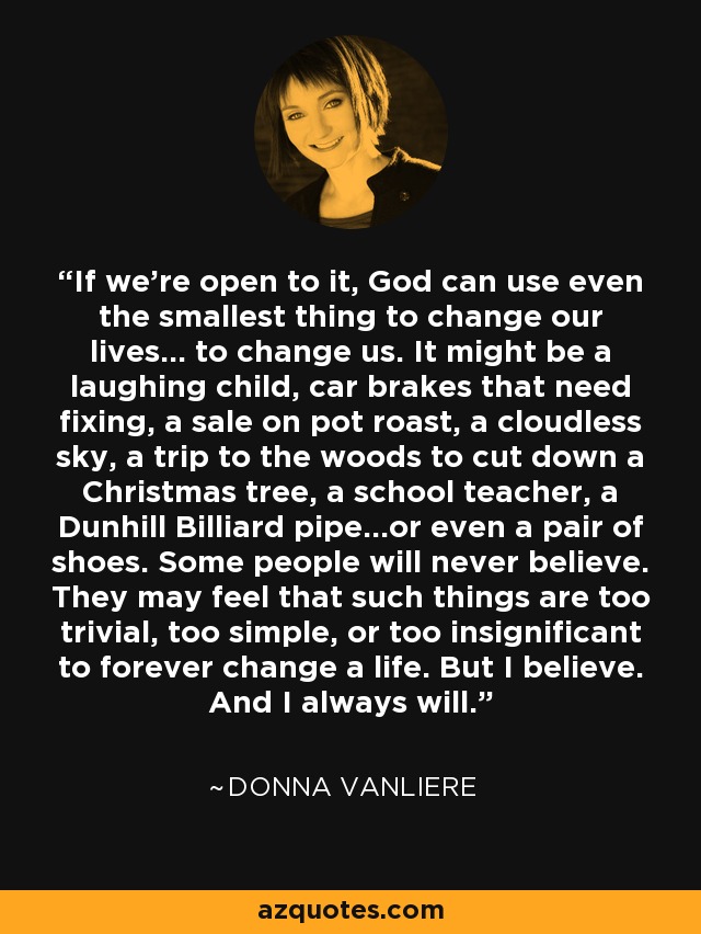 If we're open to it, God can use even the smallest thing to change our lives... to change us. It might be a laughing child, car brakes that need fixing, a sale on pot roast, a cloudless sky, a trip to the woods to cut down a Christmas tree, a school teacher, a Dunhill Billiard pipe...or even a pair of shoes. Some people will never believe. They may feel that such things are too trivial, too simple, or too insignificant to forever change a life. But I believe. And I always will. - Donna VanLiere