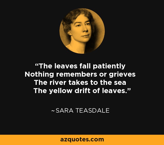 The leaves fall patiently Nothing remembers or grieves The river takes to the sea The yellow drift of leaves. - Sara Teasdale
