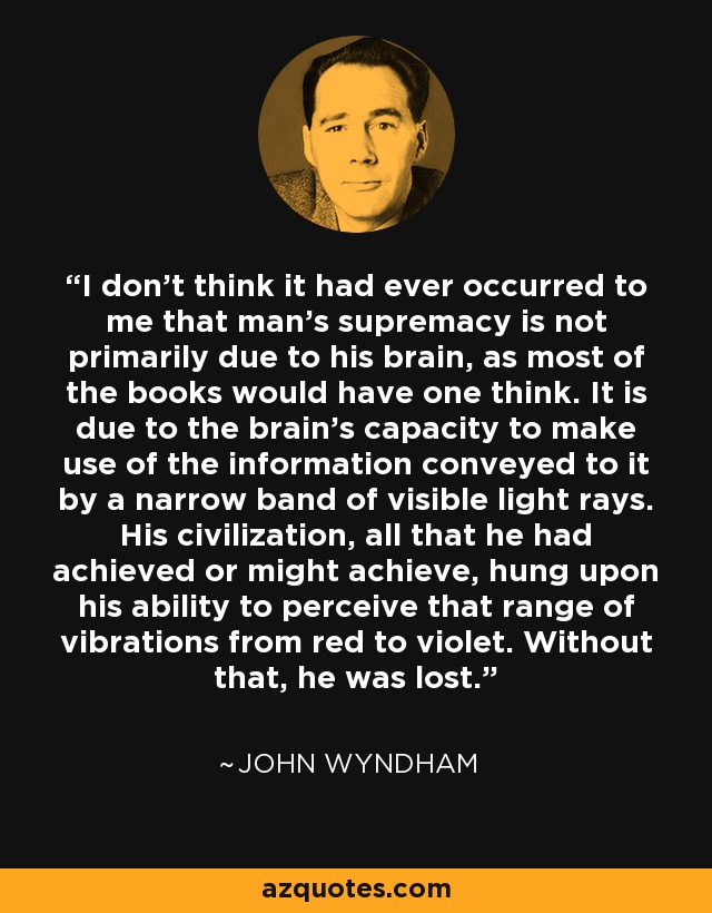 I don't think it had ever occurred to me that man's supremacy is not primarily due to his brain, as most of the books would have one think. It is due to the brain's capacity to make use of the information conveyed to it by a narrow band of visible light rays. His civilization, all that he had achieved or might achieve, hung upon his ability to perceive that range of vibrations from red to violet. Without that, he was lost. - John Wyndham