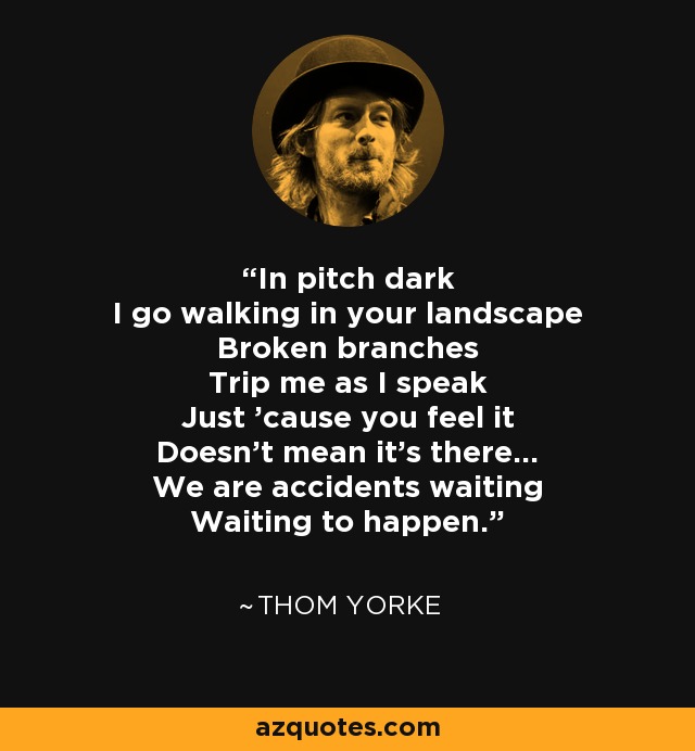 In pitch dark I go walking in your landscape Broken branches Trip me as I speak Just 'cause you feel it Doesn't mean it's there... We are accidents waiting Waiting to happen. - Thom Yorke