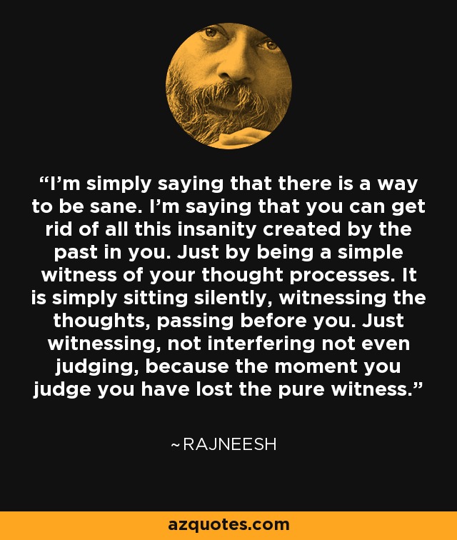 I'm simply saying that there is a way to be sane. I'm saying that you can get rid of all this insanity created by the past in you. Just by being a simple witness of your thought processes. It is simply sitting silently, witnessing the thoughts, passing before you. Just witnessing, not interfering not even judging, because the moment you judge you have lost the pure witness. - Rajneesh