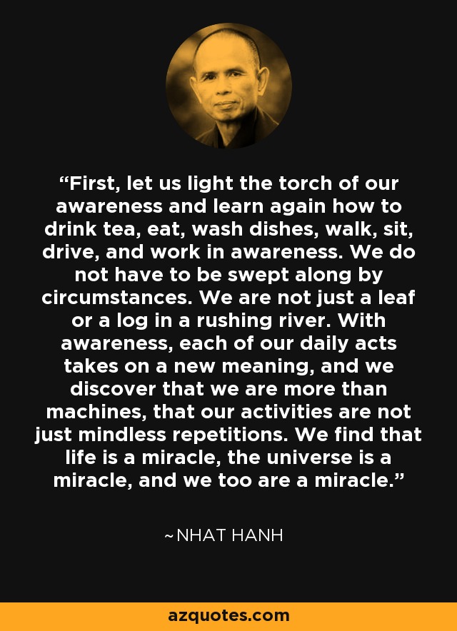 First, let us light the torch of our awareness and learn again how to drink tea, eat, wash dishes, walk, sit, drive, and work in awareness. We do not have to be swept along by circumstances. We are not just a leaf or a log in a rushing river. With awareness, each of our daily acts takes on a new meaning, and we discover that we are more than machines, that our activities are not just mindless repetitions. We find that life is a miracle, the universe is a miracle, and we too are a miracle. - Nhat Hanh