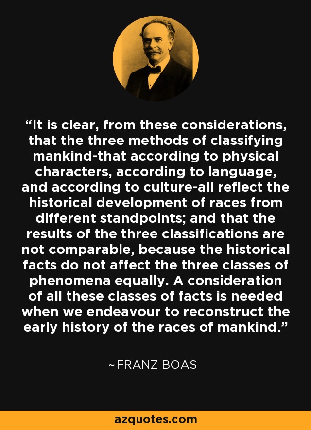 It is clear, from these considerations, that the three methods of classifying mankind-that according to physical characters, according to language, and according to culture-all reflect the historical development of races from different standpoints; and that the results of the three classifications are not comparable, because the historical facts do not affect the three classes of phenomena equally. A consideration of all these classes of facts is needed when we endeavour to reconstruct the early history of the races of mankind. - Franz Boas