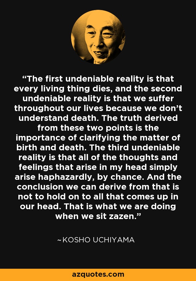 The first undeniable reality is that every living thing dies, and the second undeniable reality is that we suffer throughout our lives because we don't understand death. The truth derived from these two points is the importance of clarifying the matter of birth and death. The third undeniable reality is that all of the thoughts and feelings that arise in my head simply arise haphazardly, by chance. And the conclusion we can derive from that is not to hold on to all that comes up in our head. That is what we are doing when we sit zazen. - Kosho Uchiyama