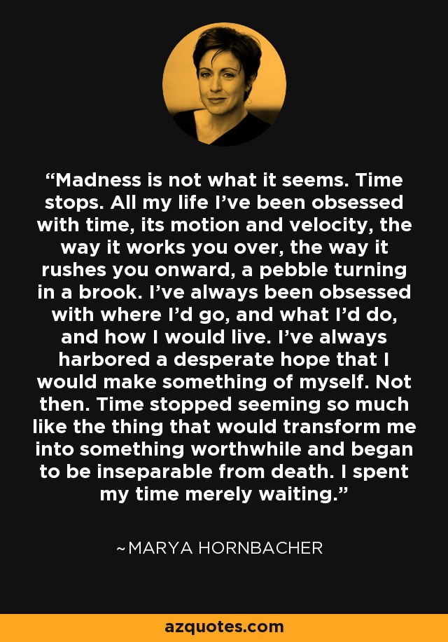 Madness is not what it seems. Time stops. All my life I've been obsessed with time, its motion and velocity, the way it works you over, the way it rushes you onward, a pebble turning in a brook. I've always been obsessed with where I'd go, and what I'd do, and how I would live. I've always harbored a desperate hope that I would make something of myself. Not then. Time stopped seeming so much like the thing that would transform me into something worthwhile and began to be inseparable from death. I spent my time merely waiting. - Marya Hornbacher