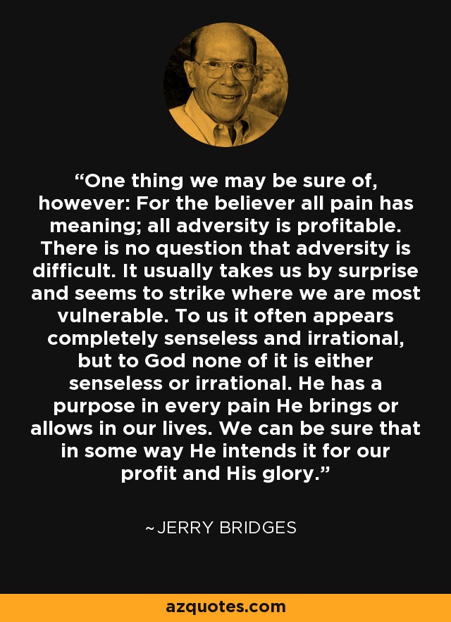 One thing we may be sure of, however: For the believer all pain has meaning; all adversity is profitable. There is no question that adversity is difficult. It usually takes us by surprise and seems to strike where we are most vulnerable. To us it often appears completely senseless and irrational, but to God none of it is either senseless or irrational. He has a purpose in every pain He brings or allows in our lives. We can be sure that in some way He intends it for our profit and His glory. - Jerry Bridges