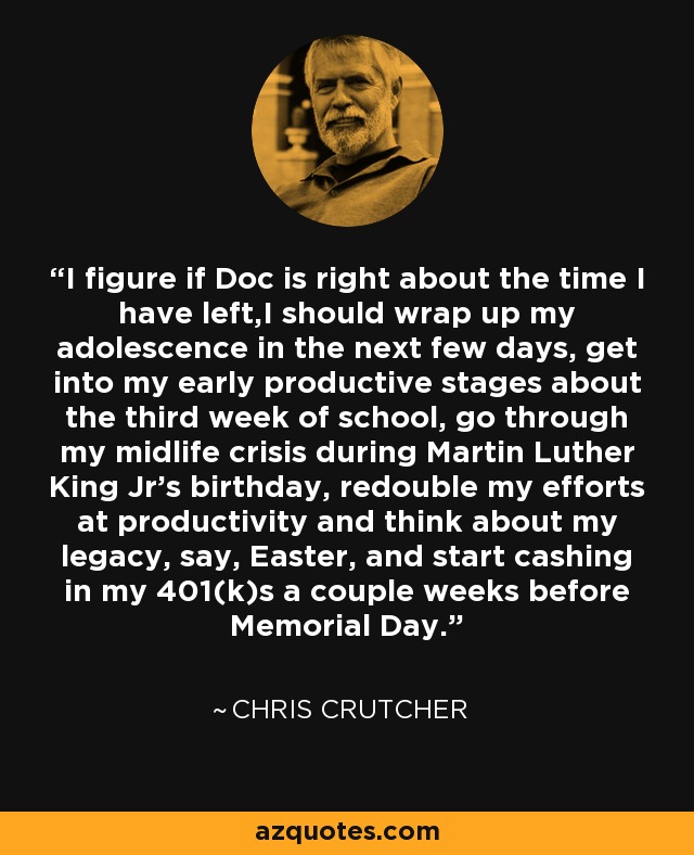 I figure if Doc is right about the time I have left,I should wrap up my adolescence in the next few days, get into my early productive stages about the third week of school, go through my midlife crisis during Martin Luther King Jr's birthday, redouble my efforts at productivity and think about my legacy, say, Easter, and start cashing in my 401(k)s a couple weeks before Memorial Day. - Chris Crutcher