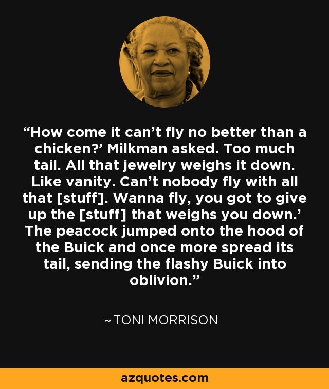 How come it can’t fly no better than a chicken?’ Milkman asked. Too much tail. All that jewelry weighs it down. Like vanity. Can’t nobody fly with all that [stuff]. Wanna fly, you got to give up the [stuff] that weighs you down.’ The peacock jumped onto the hood of the Buick and once more spread its tail, sending the flashy Buick into oblivion. - Toni Morrison