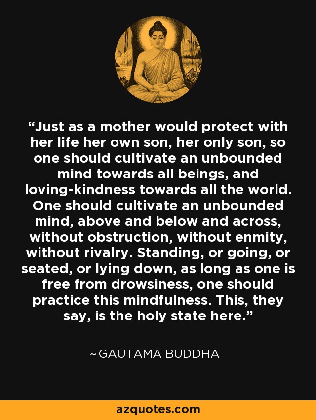 Just as a mother would protect with her life her own son, her only son, so one should cultivate an unbounded mind towards all beings, and loving-kindness towards all the world. One should cultivate an unbounded mind, above and below and across, without obstruction, without enmity, without rivalry. Standing, or going, or seated, or lying down, as long as one is free from drowsiness, one should practice this mindfulness. This, they say, is the holy state here. - Gautama Buddha
