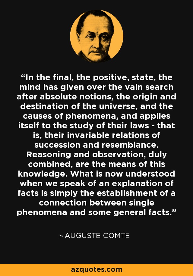 In the final, the positive, state, the mind has given over the vain search after absolute notions, the origin and destination of the universe, and the causes of phenomena, and applies itself to the study of their laws - that is, their invariable relations of succession and resemblance. Reasoning and observation, duly combined, are the means of this knowledge. What is now understood when we speak of an explanation of facts is simply the establishment of a connection between single phenomena and some general facts. - Auguste Comte