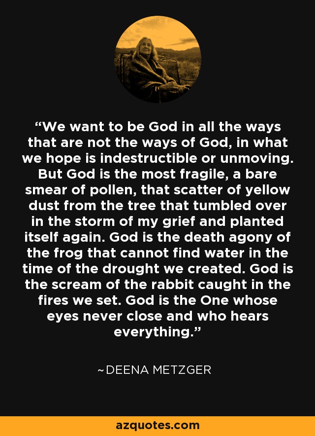 We want to be God in all the ways that are not the ways of God, in what we hope is indestructible or unmoving. But God is the most fragile, a bare smear of pollen, that scatter of yellow dust from the tree that tumbled over in the storm of my grief and planted itself again. God is the death agony of the frog that cannot find water in the time of the drought we created. God is the scream of the rabbit caught in the fires we set. God is the One whose eyes never close and who hears everything. - Deena Metzger