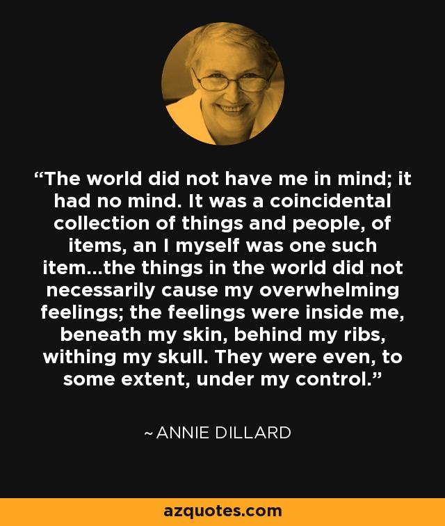 The world did not have me in mind; it had no mind. It was a coincidental collection of things and people, of items, an I myself was one such item...the things in the world did not necessarily cause my overwhelming feelings; the feelings were inside me, beneath my skin, behind my ribs, withing my skull. They were even, to some extent, under my control. - Annie Dillard