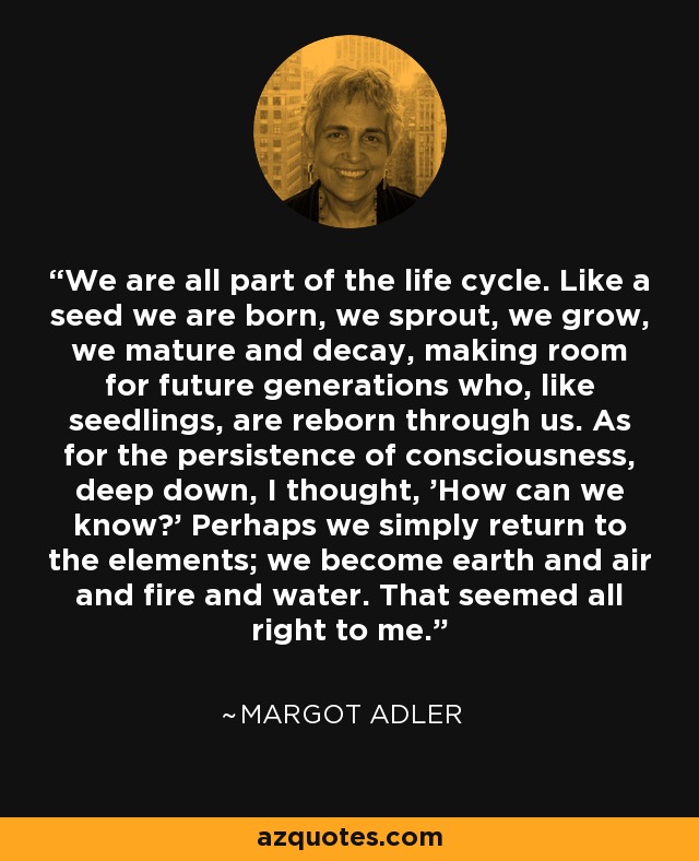 We are all part of the life cycle. Like a seed we are born, we sprout, we grow, we mature and decay, making room for future generations who, like seedlings, are reborn through us. As for the persistence of consciousness, deep down, I thought, 'How can we know?' Perhaps we simply return to the elements; we become earth and air and fire and water. That seemed all right to me. - Margot Adler