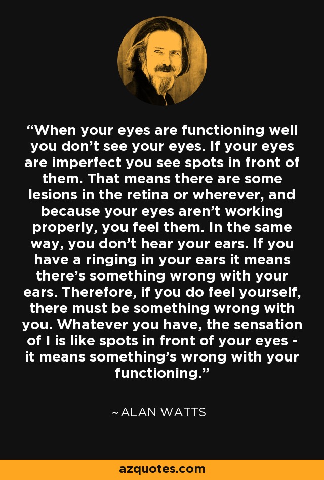 When your eyes are functioning well you don't see your eyes. If your eyes are imperfect you see spots in front of them. That means there are some lesions in the retina or wherever, and because your eyes aren't working properly, you feel them. In the same way, you don't hear your ears. If you have a ringing in your ears it means there's something wrong with your ears. Therefore, if you do feel yourself, there must be something wrong with you. Whatever you have, the sensation of I is like spots in front of your eyes - it means something's wrong with your functioning. - Alan Watts