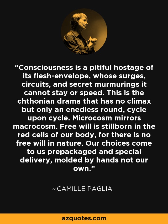 Consciousness is a pitiful hostage of its flesh-envelope, whose surges, circuits, and secret murmurings it cannot stay or speed. This is the chthonian drama that has no climax but only an enedless round, cycle upon cycle. Microcosm mirrors macrocosm. Free will is stillborn in the red cells of our body, for there is no free will in nature. Our choices come to us prepackaged and special delivery, molded by hands not our own. - Camille Paglia