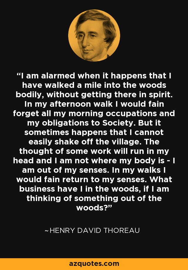 I am alarmed when it happens that I have walked a mile into the woods bodily, without getting there in spirit. In my afternoon walk I would fain forget all my morning occupations and my obligations to Society. But it sometimes happens that I cannot easily shake off the village. The thought of some work will run in my head and I am not where my body is - I am out of my senses. In my walks I would fain return to my senses. What business have I in the woods, if I am thinking of something out of the woods? - Henry David Thoreau