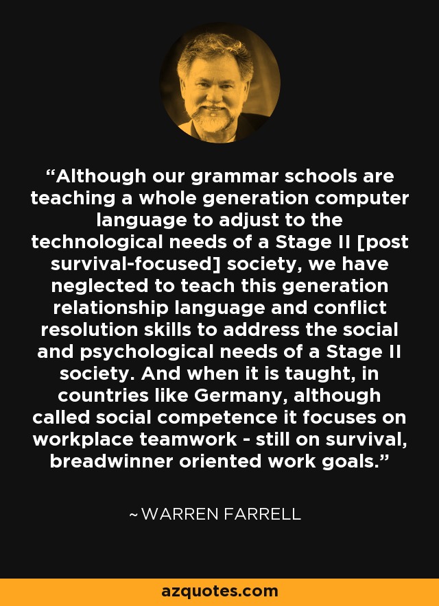 Although our grammar schools are teaching a whole generation computer language to adjust to the technological needs of a Stage II [post survival-focused] society, we have neglected to teach this generation relationship language and conflict resolution skills to address the social and psychological needs of a Stage II society. And when it is taught, in countries like Germany, although called social competence it focuses on workplace teamwork - still on survival, breadwinner oriented work goals. - Warren Farrell