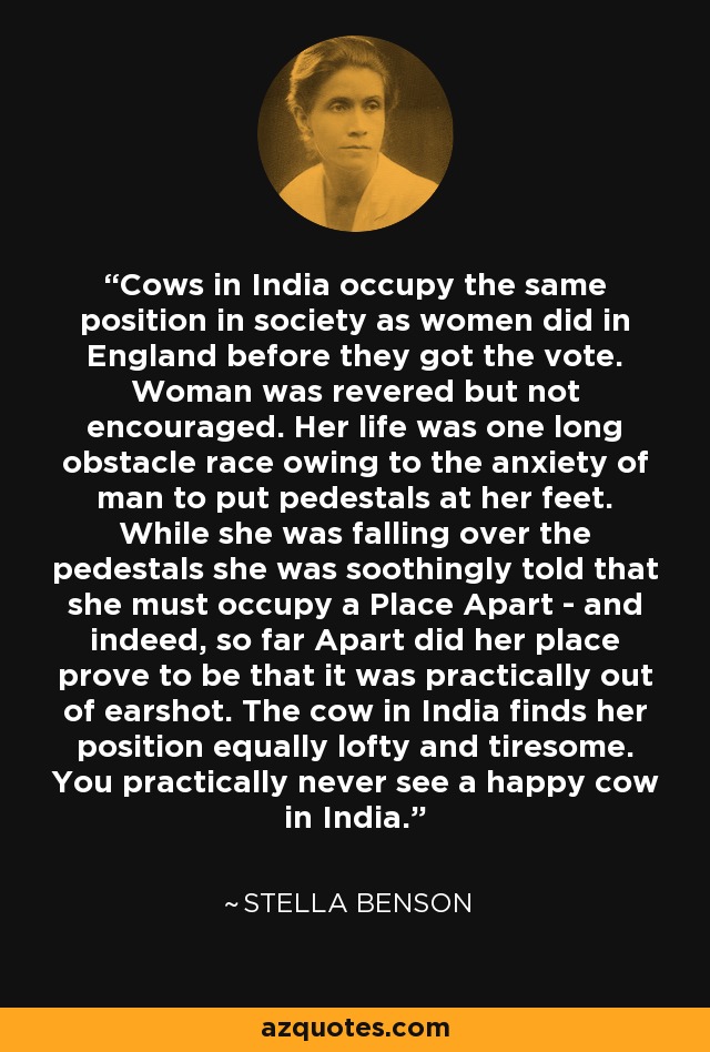 Cows in India occupy the same position in society as women did in England before they got the vote. Woman was revered but not encouraged. Her life was one long obstacle race owing to the anxiety of man to put pedestals at her feet. While she was falling over the pedestals she was soothingly told that she must occupy a Place Apart - and indeed, so far Apart did her place prove to be that it was practically out of earshot. The cow in India finds her position equally lofty and tiresome. You practically never see a happy cow in India. - Stella Benson