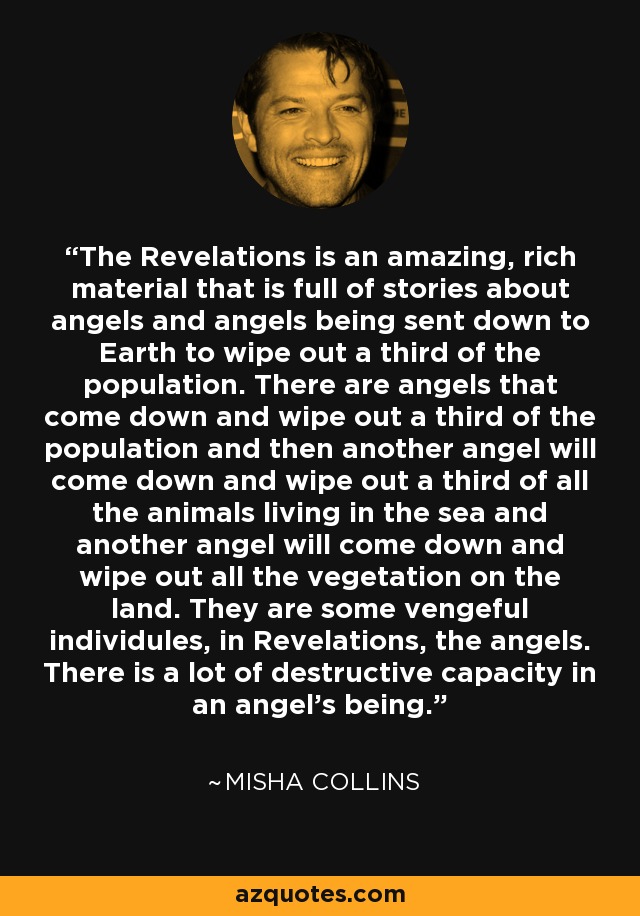 The Revelations is an amazing, rich material that is full of stories about angels and angels being sent down to Earth to wipe out a third of the population. There are angels that come down and wipe out a third of the population and then another angel will come down and wipe out a third of all the animals living in the sea and another angel will come down and wipe out all the vegetation on the land. They are some vengeful individules, in Revelations, the angels. There is a lot of destructive capacity in an angel's being. - Misha Collins