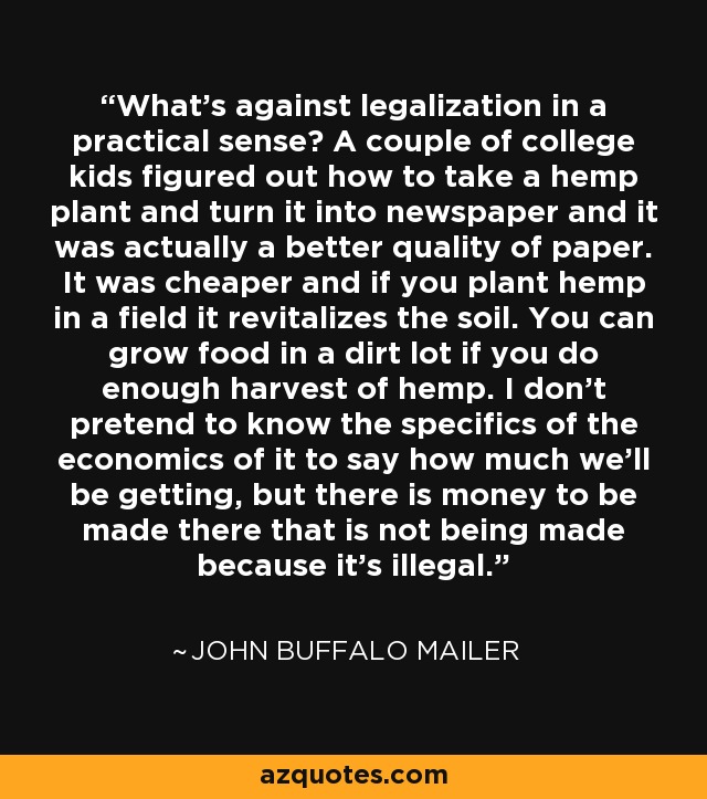 What's against legalization in a practical sense? A couple of college kids figured out how to take a hemp plant and turn it into newspaper and it was actually a better quality of paper. It was cheaper and if you plant hemp in a field it revitalizes the soil. You can grow food in a dirt lot if you do enough harvest of hemp. I don't pretend to know the specifics of the economics of it to say how much we'll be getting, but there is money to be made there that is not being made because it's illegal. - John Buffalo Mailer