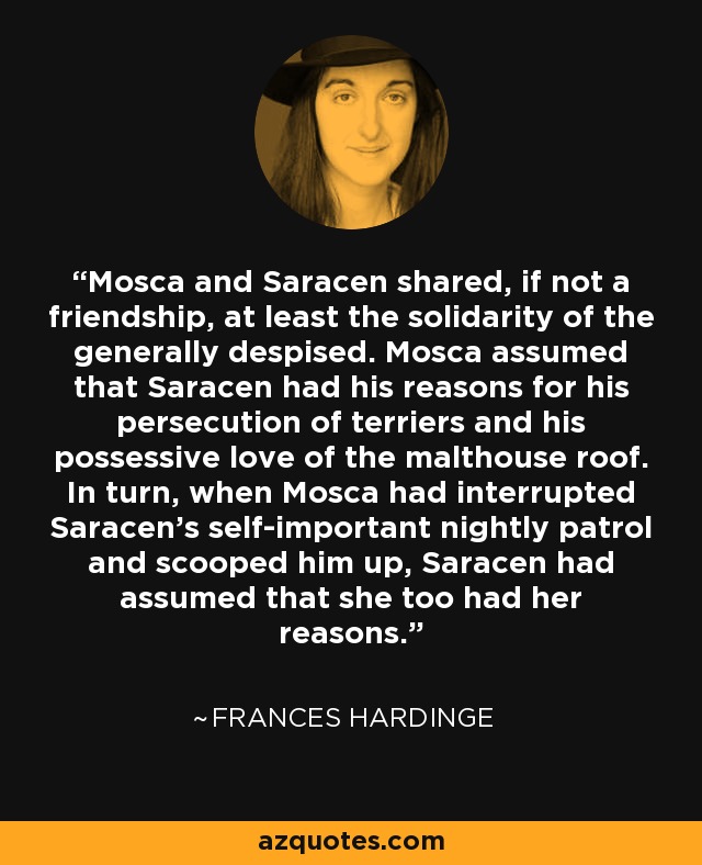 Mosca and Saracen shared, if not a friendship, at least the solidarity of the generally despised. Mosca assumed that Saracen had his reasons for his persecution of terriers and his possessive love of the malthouse roof. In turn, when Mosca had interrupted Saracen’s self-important nightly patrol and scooped him up, Saracen had assumed that she too had her reasons. - Frances Hardinge