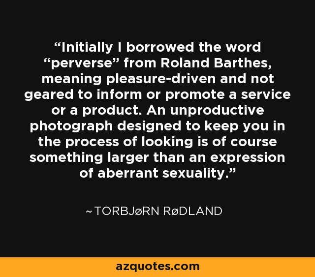 Initially I borrowed the word “perverse” from Roland Barthes, meaning pleasure-driven and not geared to inform or promote a service or a product. An unproductive photograph designed to keep you in the process of looking is of course something larger than an expression of aberrant sexuality. - Torbjørn Rødland
