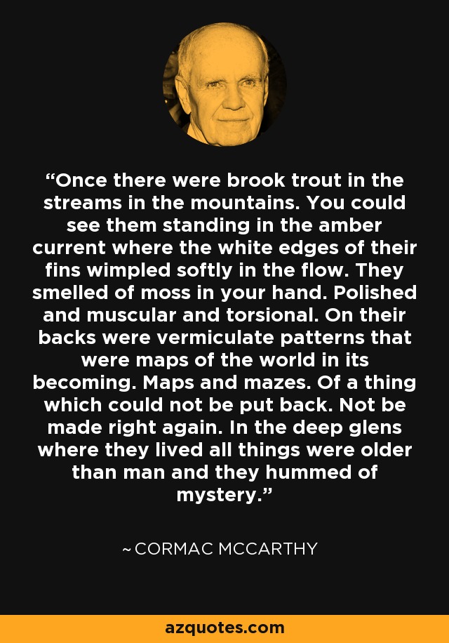 Once there were brook trout in the streams in the mountains. You could see them standing in the amber current where the white edges of their fins wimpled softly in the flow. They smelled of moss in your hand. Polished and muscular and torsional. On their backs were vermiculate patterns that were maps of the world in its becoming. Maps and mazes. Of a thing which could not be put back. Not be made right again. In the deep glens where they lived all things were older than man and they hummed of mystery. - Cormac McCarthy