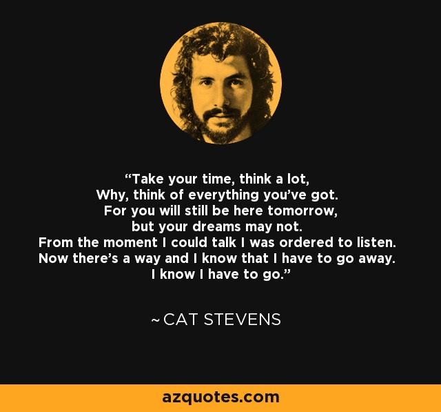 Take your time, think a lot, Why, think of everything you've got. For you will still be here tomorrow, but your dreams may not. From the moment I could talk I was ordered to listen. Now there's a way and I know that I have to go away. I know I have to go. - Cat Stevens